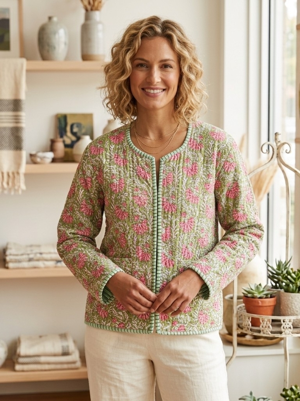 Green & Pink Floral Quilted Cardigan Jacket